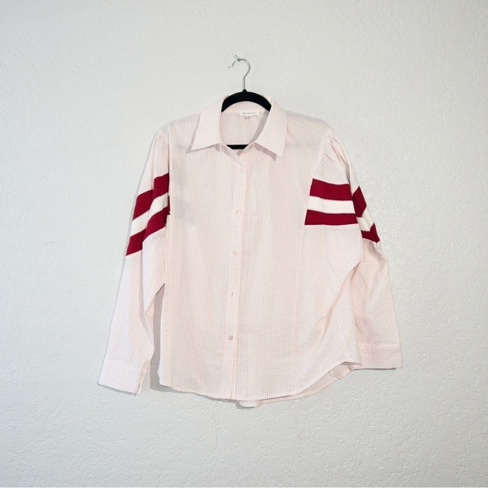 New Bucketlist Pink Pin Stripe Varsity Knit Inset Button Down Shirt Size Medium